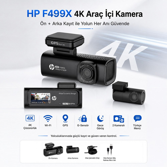 HP F499x 4K Araç İçi Ön & Arka Lcd Ekran Wi-fi Kamera