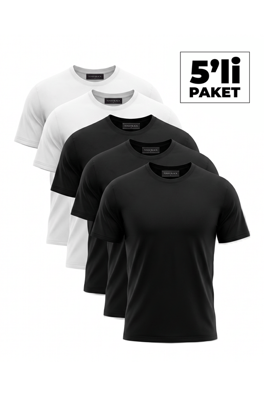 5'Li Paket %100 Pamuk 3 Siyah 2 Beyaz T-Shirt Erkek Çok Renkli T-Shirt TBTSHRT130