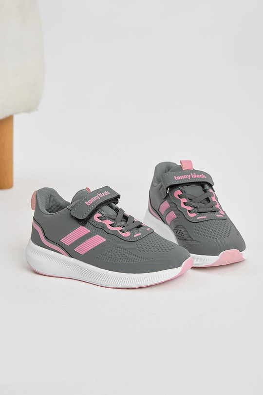 Eva Taban Yanı Şeritli File Detaylı Cırtlı Çocuk Unisex Füme Pembe Spor Ayakkabı TBTMKD035