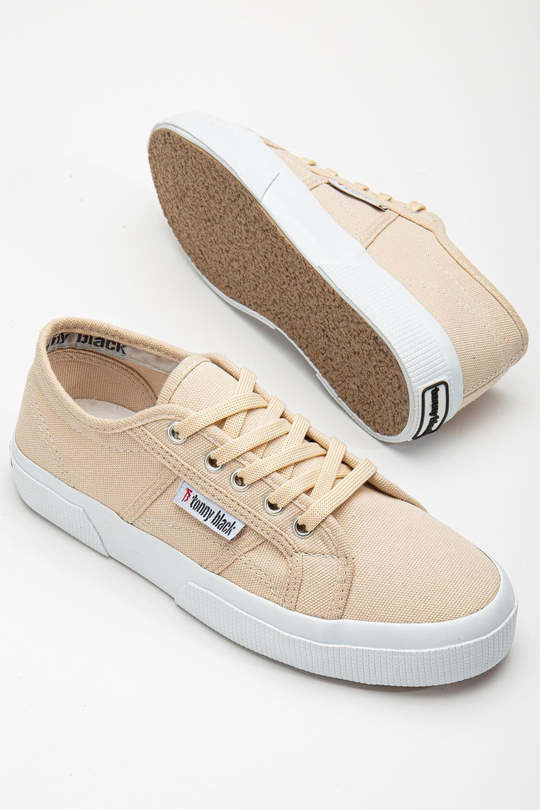Kadın Bej Rahat Kalıp Krep Taban Bağcıklı Keten Günlük Ayakkabı