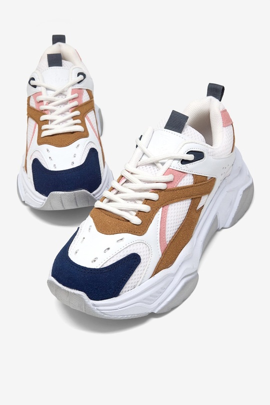 Rahat Kalıp Poli Taban Bağcıklı Sneaker Kadın Beyaz Mavi Kahve Sneaker TBCRN1903