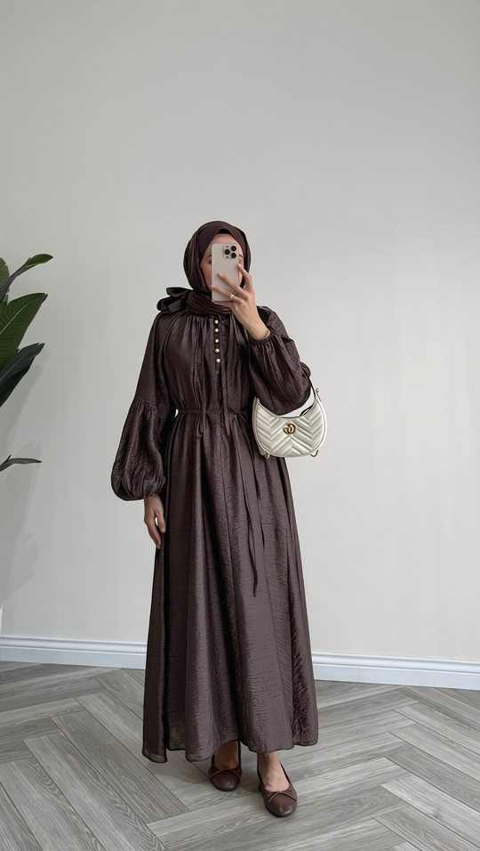 Balon Kol Detaylı Oversize Elbise | Kahverengi
