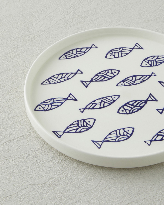 Blue Rhythm Seramik Pasta Tabağı 20 cm Beyaz - Lacivert