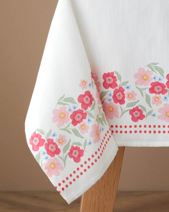 Bright Bloom Polyester Masa Örtüsü 150x200 cm Beyaz - Pembe