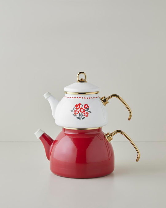 Bright Parade Emaye Çaydanlık 1,1 Litre + 2,3 Litre Kırmızı
