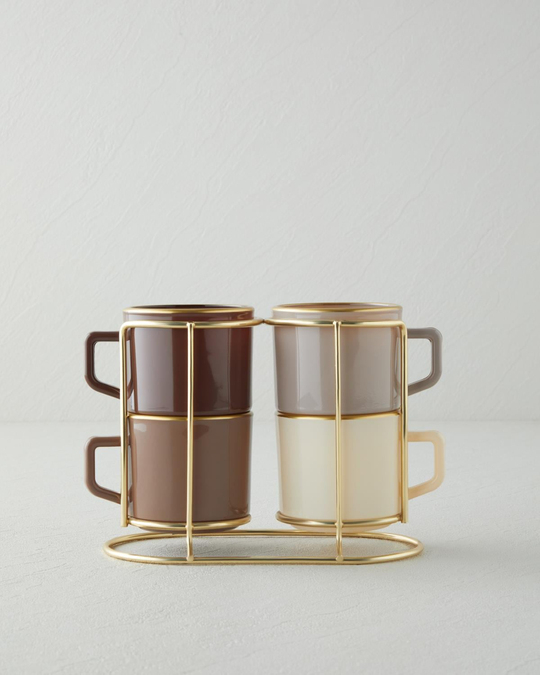 Brownfall Cam Standlı ve 4lü Kupa 180 ml Kahverengi-Gold