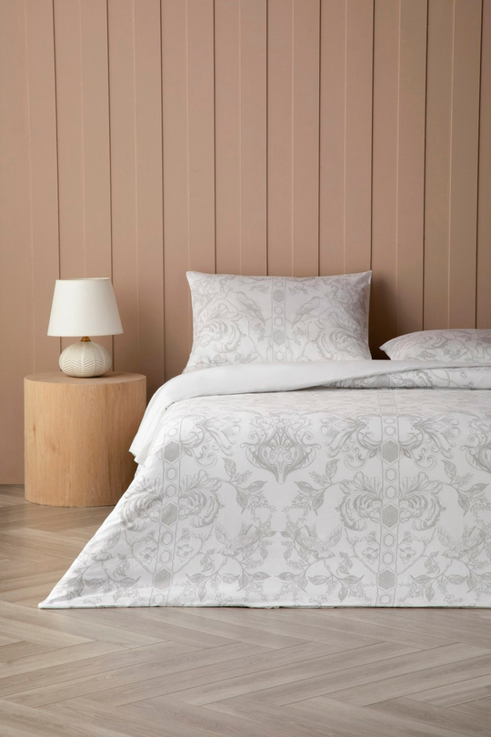 Dainty Bird Pamuk Saten King Size Çarşaflı Nevresim Takımı 240x220 cm Gri