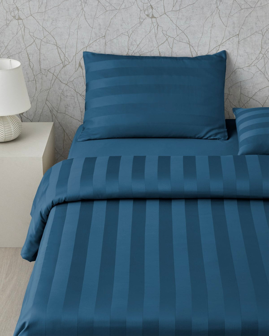 Deluxe Çizgili Pamuk Saten Çift Kişilik Çarşaflı Nevresim Takımı 200x220 cm Lacivert