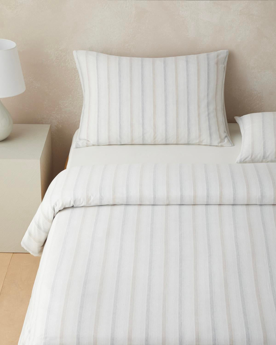Glint Stripes İpliği Boyalı Çift Kişilik Çarşaflı Nevresim Takımı 200x220 cm Bej-Gri