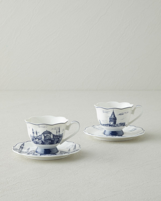 İstanbul New Bone China 4 Parça 2 Kişilik Kahve Fincanı 90 ml Beyaz - Lacivert