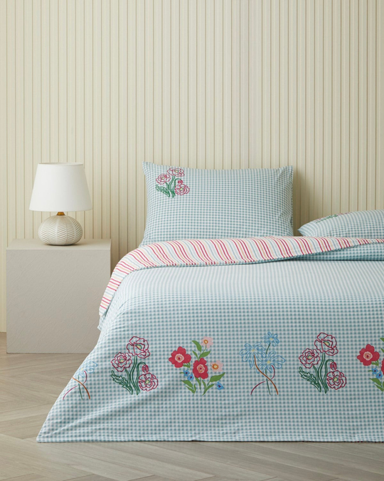 Pastel Gingham Pamuklu Çift Kişilik Nevresim Seti 200x220 cm Pembe - Turuncu