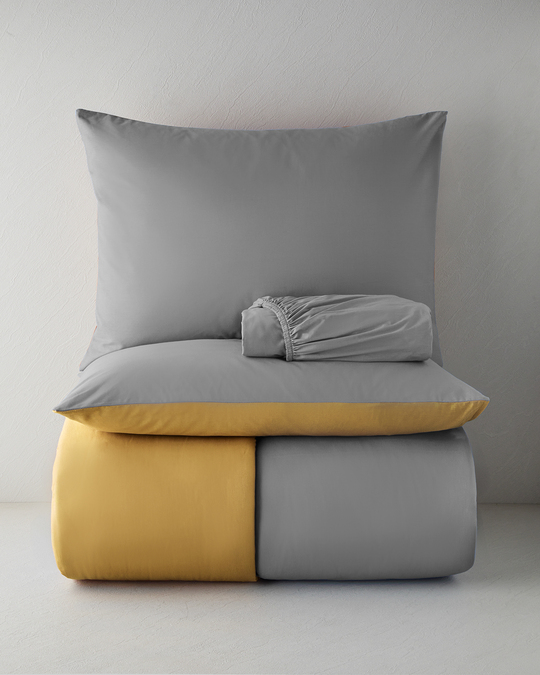Plain Pamuk Çarşaflı Çift Kişilik Nevresim Takımı 200x220 cm Gri-Sarı