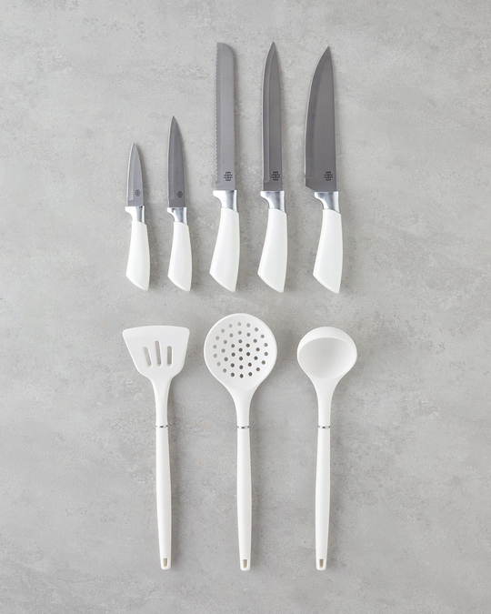 Sharp Cut Silikon, Paslanmaz Çelik 9 Parça Servis Gereci Bıçak Seti 19x11x22 cm Beyaz