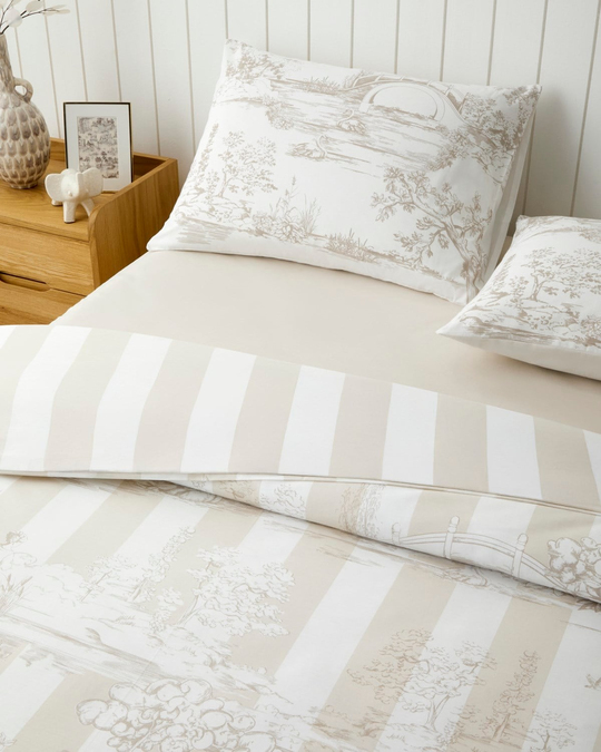 Striped Jouy Pamuk Çarşaflı Tek Kişilik Nevresim Takımı 160x220 cm Krem - Kahve