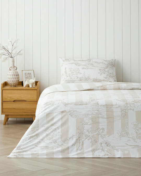 Striped Jouy Pamuk Çarşaflı Tek Kişilik Nevresim Takımı 160x220 cm Krem - Kahve