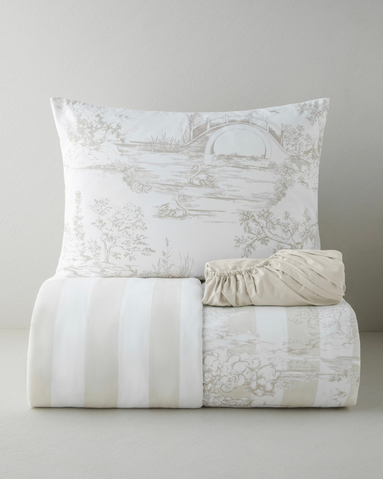 Striped Jouy Pamuk Çarşaflı Tek Kişilik Nevresim Takımı 160x220 cm Krem - Kahve