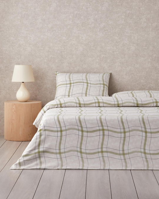 Wave Check Kolay Ütülenir Tek Kişilik Çarşaflı Nevresim Takımı 160x220 cm Açık Yeşil-Bej