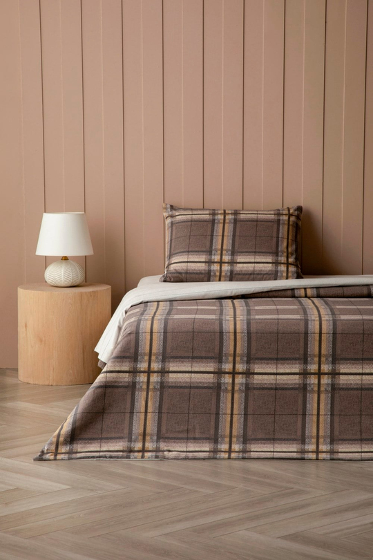 Windsor Plaid Flanel Tek Kişilik Çarşaflı Nevresim Takımı 160x220 cm Krem-Kahverengi