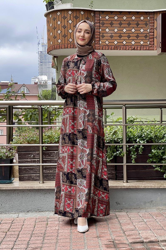 Desenli Tesettür Elbise Siyah