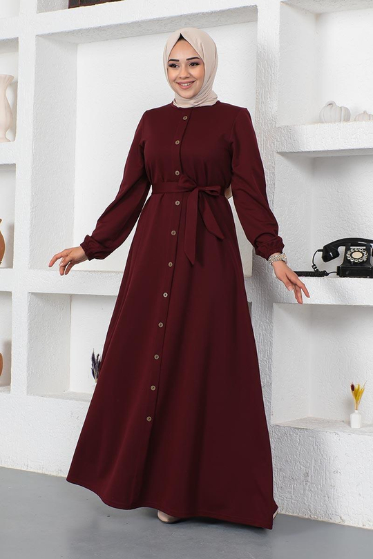 Düğme Detaylı Kemerli Elbise Bordo