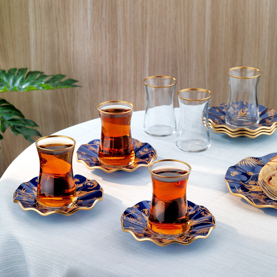 Schafer Golden Bird 6 Kişilik Cam Çay Seti 12 Parça-Lacivert