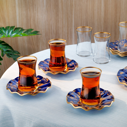 Schafer Golden Bird 6 Kişilik Cam Çay Seti 12 Parça-Lacivert