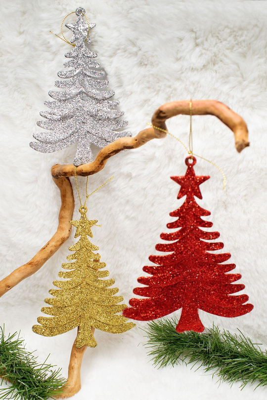 3lü Simli Çam Ağacı Gümüş-kırmızı Yılbaşı Çam Ağacı Süsü 15*10 Cm