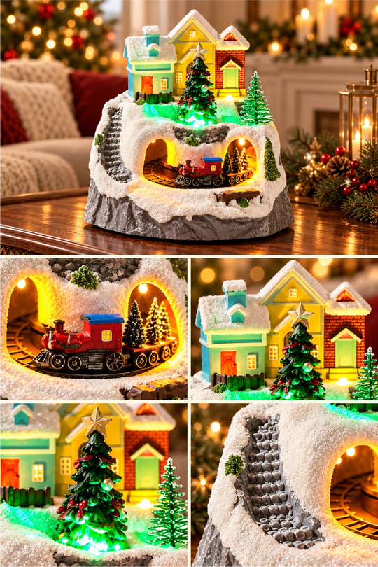 Premium Collection Dekoratif Kar Köyü Müzik Kutusu Yılbaşı Temalı Snow Village 13x12x14 Cm Yıldızlı Ağaç
