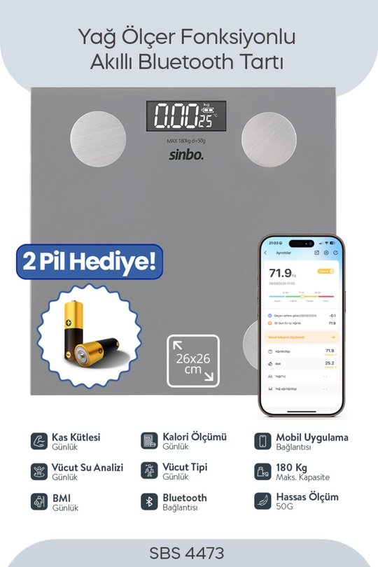 Sinbo SBS-4473 Bluetooth Dijital Yağ Su Kas Vücut Kitle Endeksi Kilo Ölçer Tartı Baskül