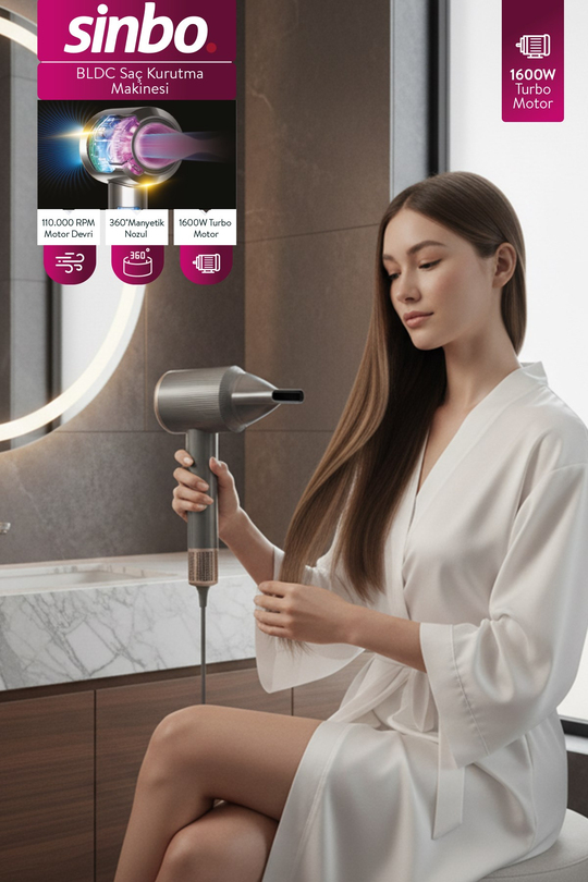 Sinbo SHD 1726 Saç Kurutma Mak. 1600W BLDC Turbo Motor, 3 Hız 4 Sıcaklık Ayarlı, 360°Manyetik Başlık