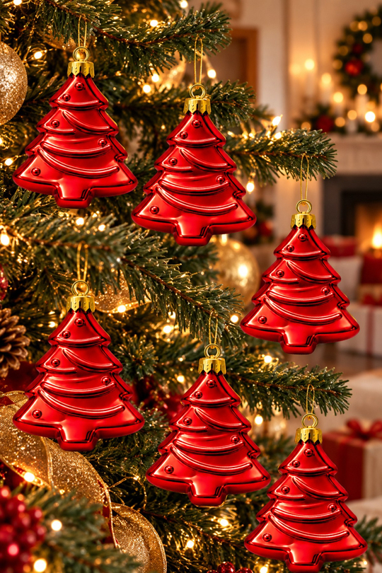 Waldern 6lı 10cm Ağaç Figürlü Xmass Tree Yılbaşı Çam Ağacı Süsü Kırmızı