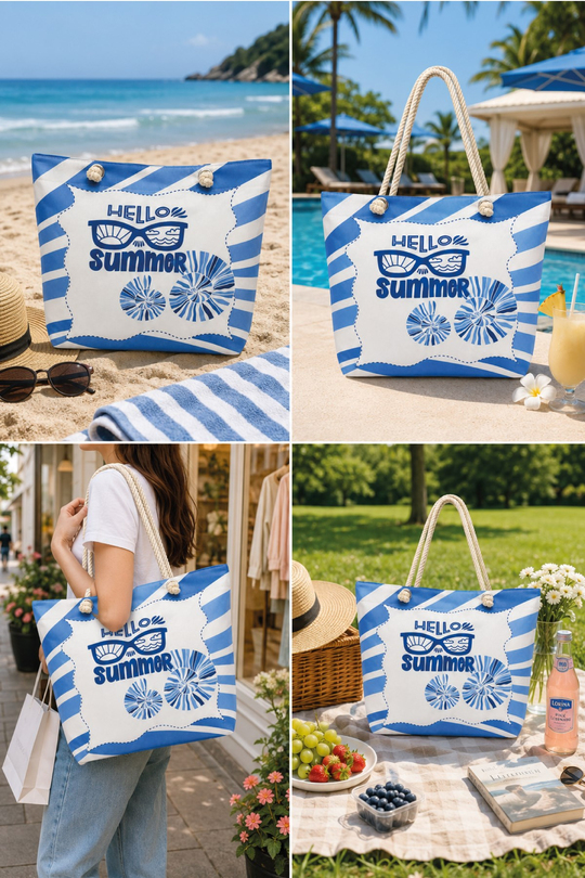 Waldern Plaj Çantası Hello Summer Mavi Bez Çanta
