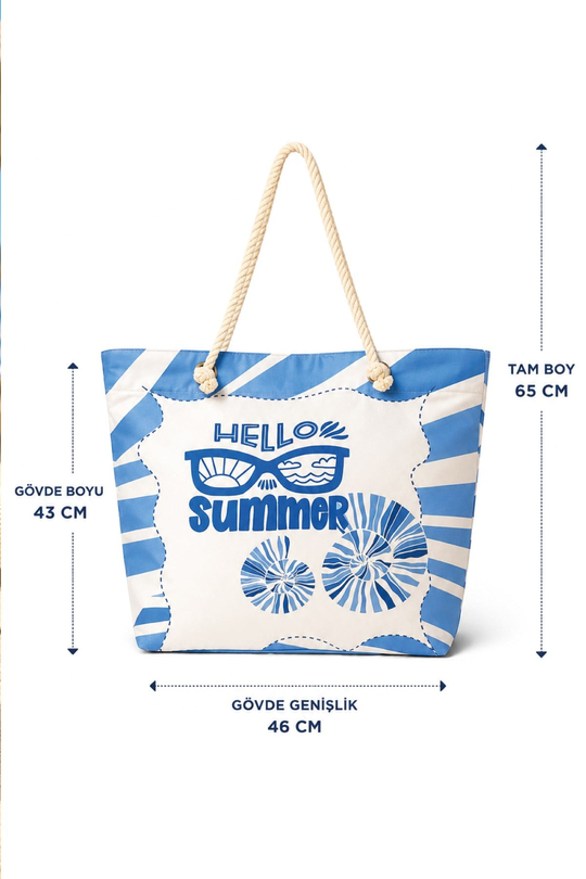Waldern Plaj Çantası Hello Summer Mavi Bez Çanta