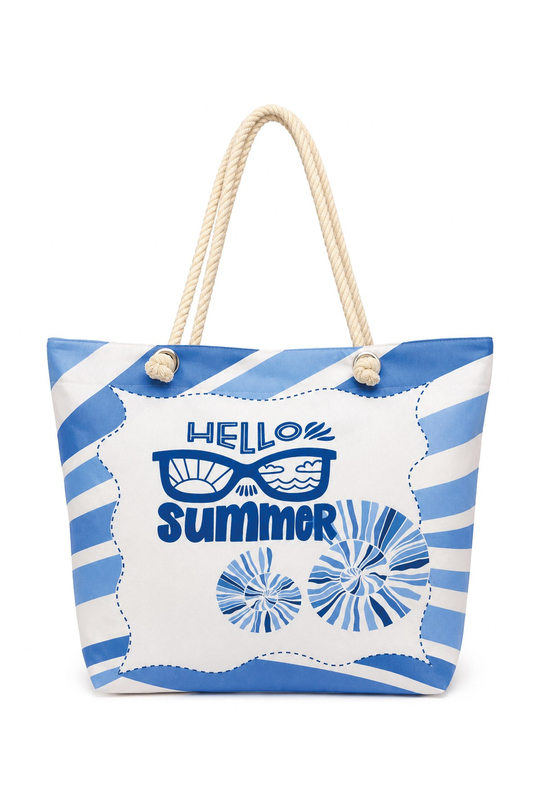 Waldern Plaj Çantası Hello Summer Mavi Bez Çanta