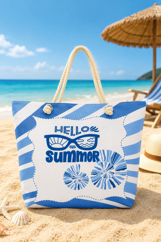 Waldern Plaj Çantası Hello Summer Mavi Bez Çanta