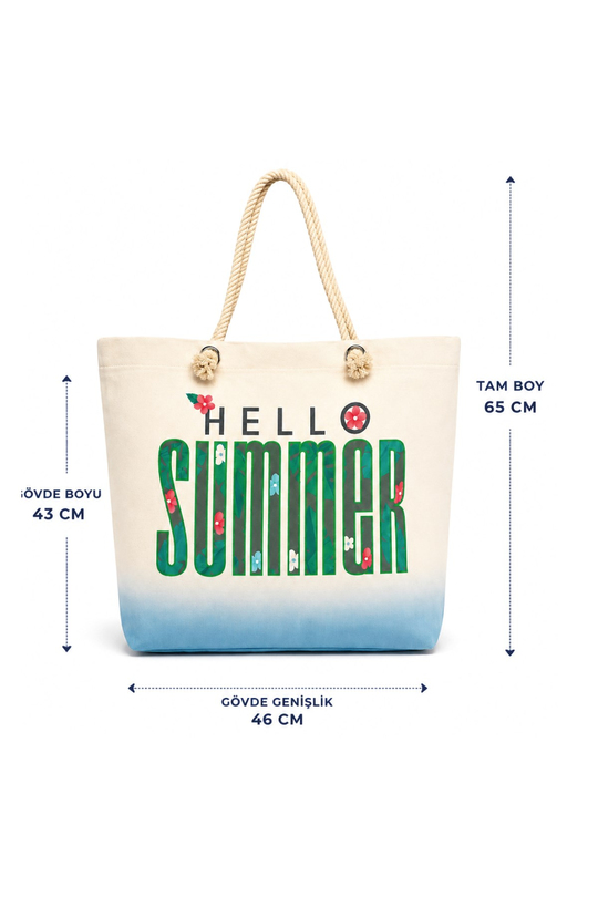 Waldern Plaj Çantası Hello Summer Yeşil Bez Çanta