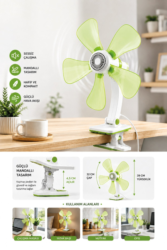 Waldern Taşınabilir, Sessiz Akrobat - Klipsli Fan - Masa Üstü Yeşil Vantilatör - 32 cm & 180 Eğim