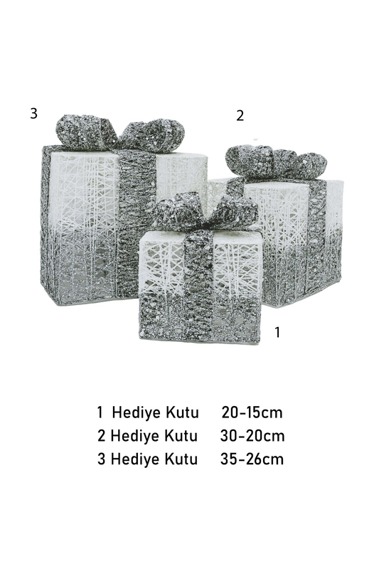 Yılbaşı Çam Ağacı Hediye Paketi 3lü Set Küçük-Orta-Büyük Dekoratif Süs Gümüş