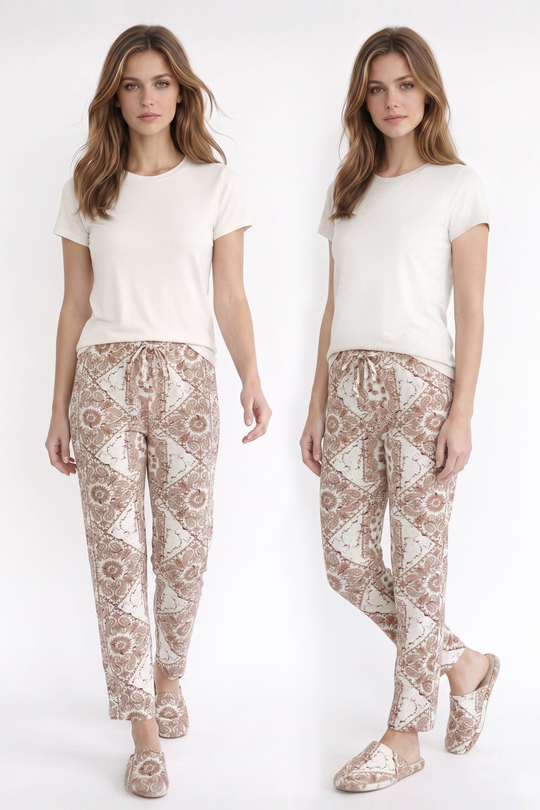 Kadın Süet Bej Şal Desen Pijama Tek Alt
