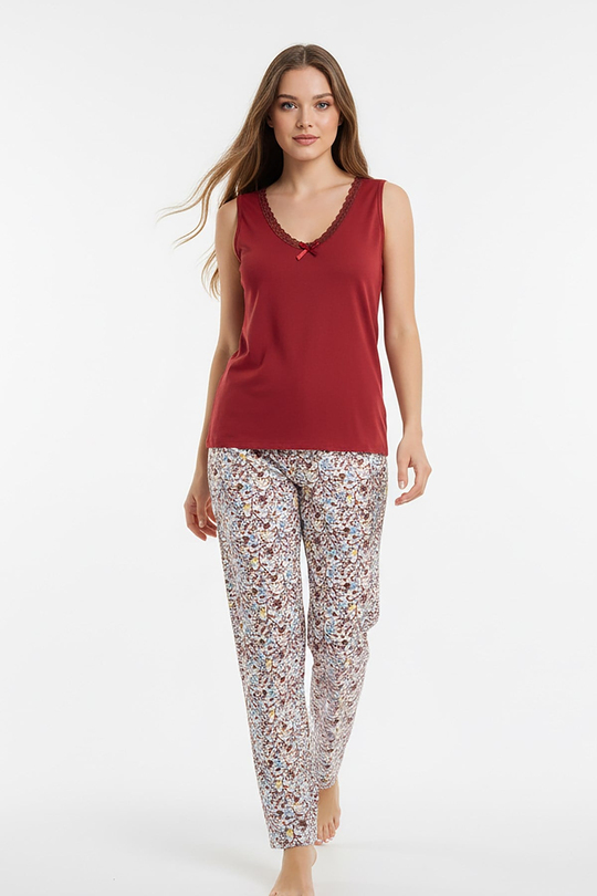 Kadın % 100 Ring Viskon V Yaka Altı Desenli Kalın Askılı Pijama Takımı | Kiremit 40108-4770