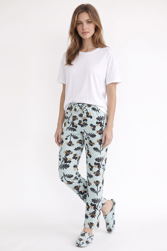 Kadın Süet Mint Çiçek Desen Pijama Tek Alt