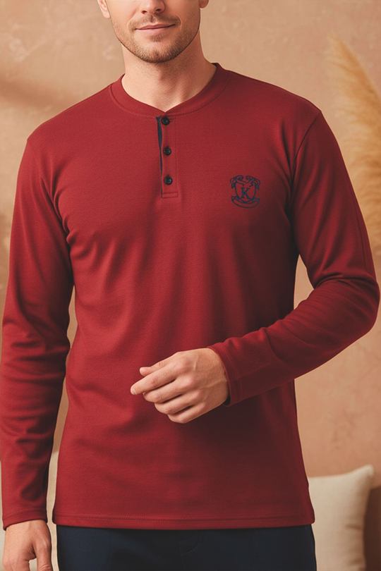 Erkek Patlı Yaka Kareli Pamuklu Pijama Takımı | Bordo