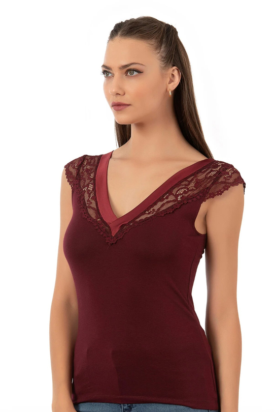 Kadın Saten Yakalı Mini Kollu Modal Atlet | Bordo 25430