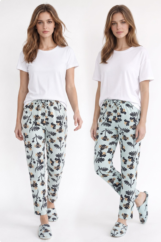 Kadın Süet Mint Çiçek Desen Pijama Tek Alt