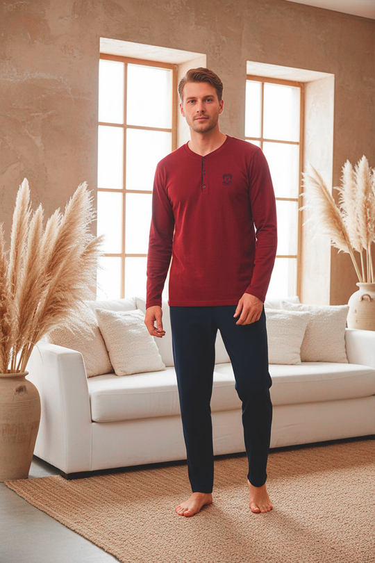 Erkek Uzun Kollu 4 Mevsim Penye Süprem Önü Patlı Pijama Takımı | Bordo 800