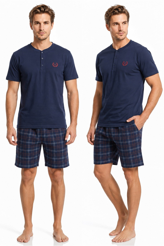 Erkek % 100 Pamuk Düğmeli Yaka Altı Ekoseli Cepli Şortlu Pijama Takımı | Lacivert 1000-70