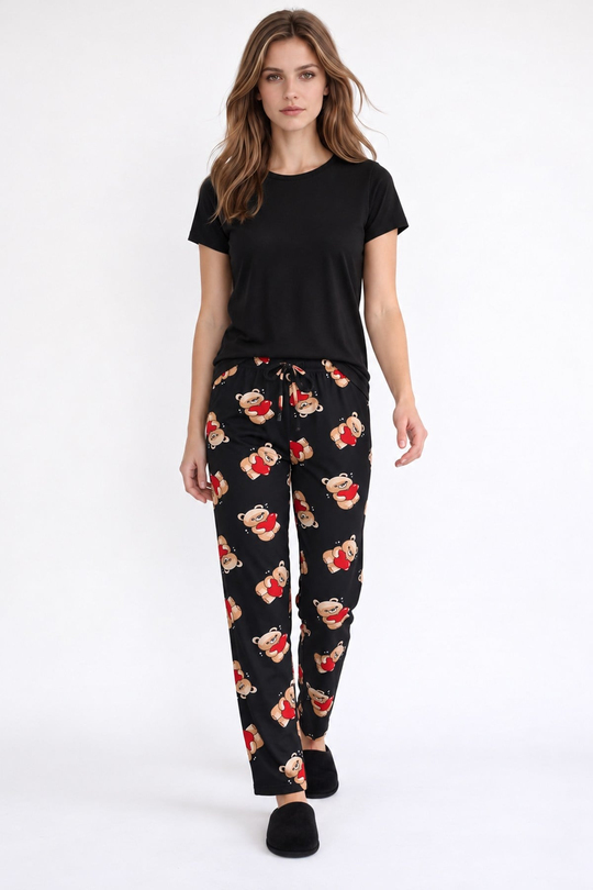 Kadın Süet Kalpli Büyük Ayıcık Desen Pijama Tek Alt