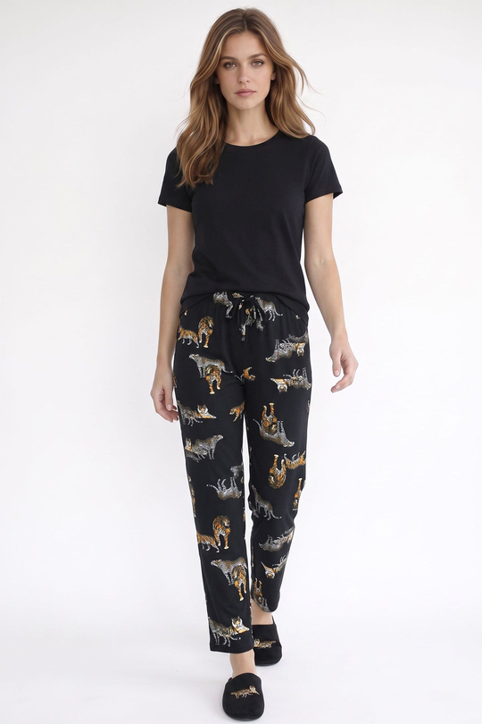 Kadın Süet Siyah Kaplan Desen Pijama Tek Alt