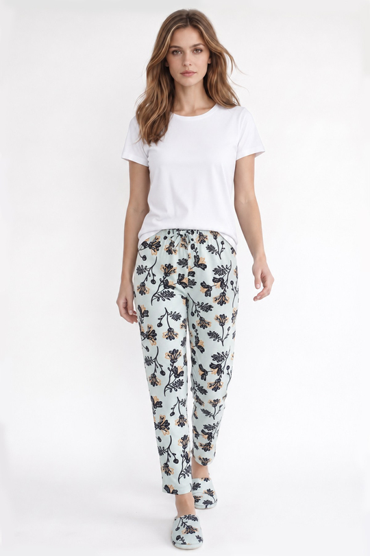 Kadın Süet Mint Çiçek Desen Pijama Tek Alt