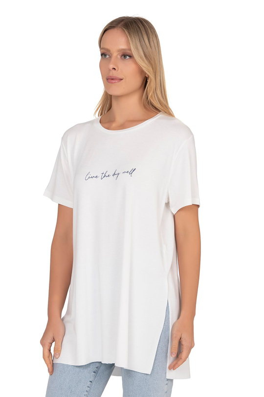 Kadın Oversize Basic Minimal Yazı Detaylı Bluz | Ekru 27082